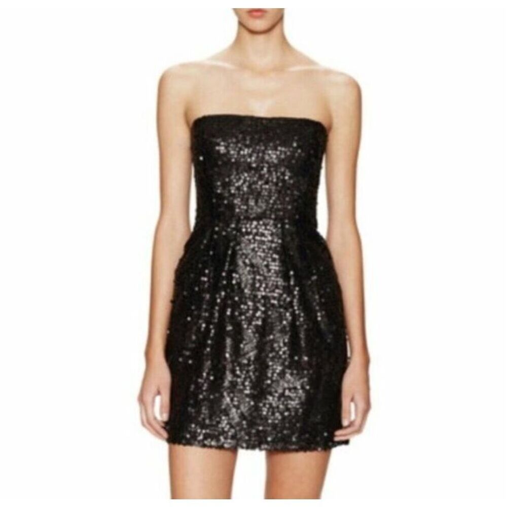 BCBG Maxazria Sequin Dress Carole Strapless Women 0 Petite Black Short Party‎